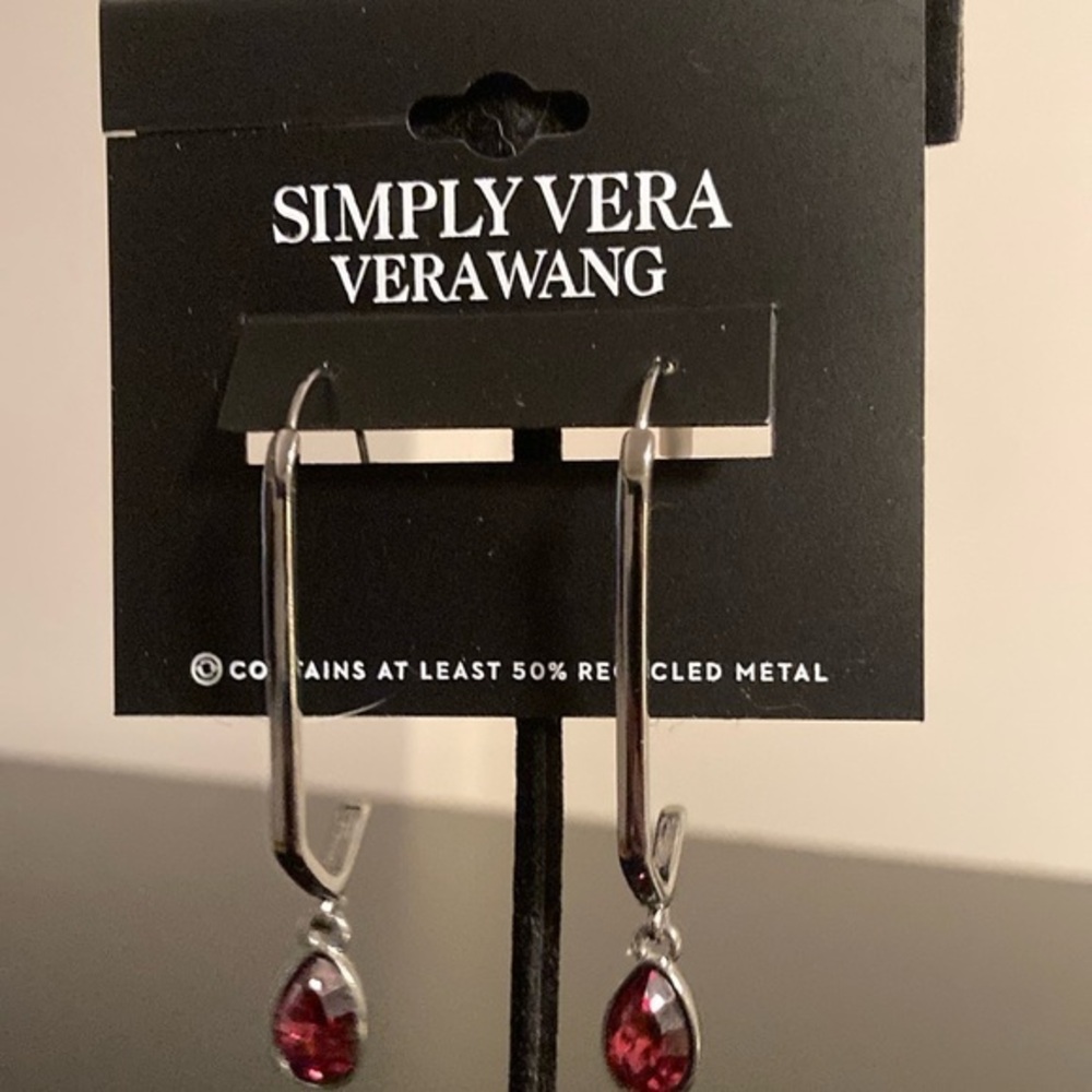 NWOT : Simply Vera : Vera Wang Silver Drop Earrings with Red Gemstones